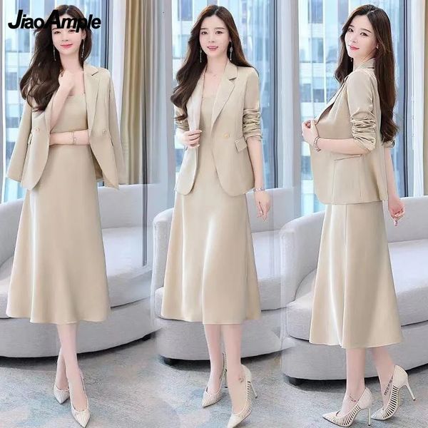 two piece dres's autumn winter suit jacket dress set fashion korean elegant temperament blazers suspender midi skirt twopiece 230331, White