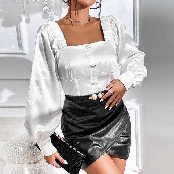 spring and summer shirts womens clothing long sleeve satin french square collar, White