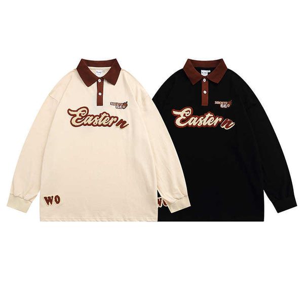 autumn new american style simple towel embroidery letter polo shirt sweater men's and women's loose college bottom top, Black;white
autumn new american style simple towel embroidery letter polo shirt sweater men's and women's loose college bottom top, Black;white