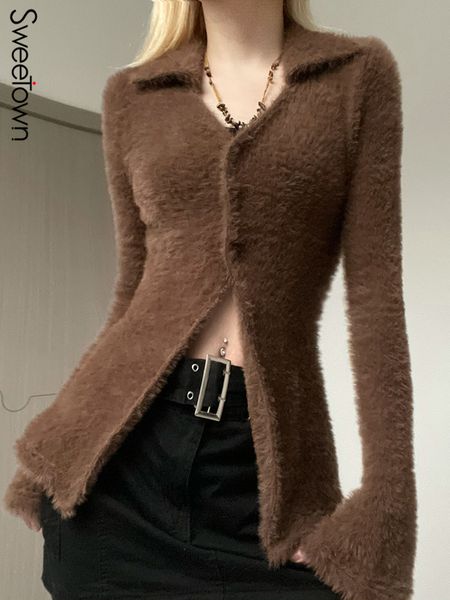 women's leather faux sweetown brown pluffy knitted slim elegant jackets for women korean fashion clothing button up flare long sleeve c, Black
women's leather faux sweetown brown pluffy knitted slim elegant jackets for women korean fashion clothing button up flare long sleeve c, Black