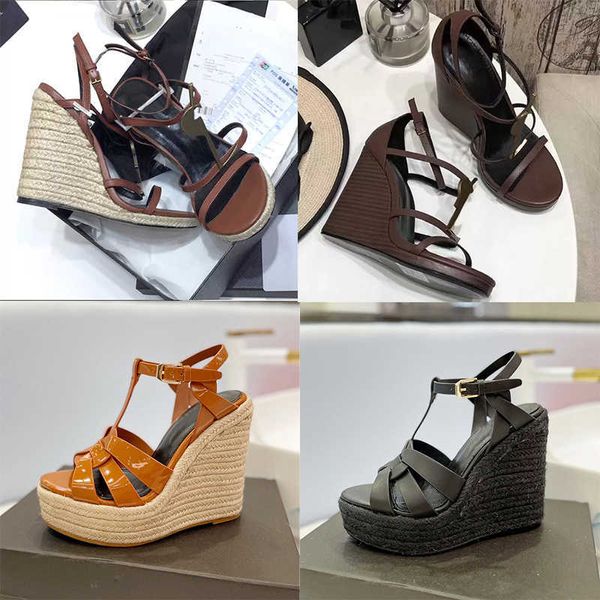 

2023 designers cassandra sandals women wedge espadrilles black patent leather .5 cm high heels adjustable buckle wedding dress shoes 35-41