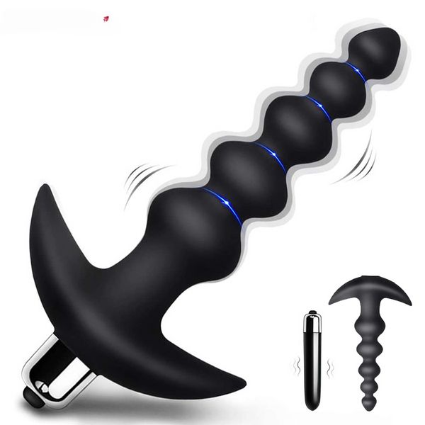 

fabric 2 in 1 vibrating anal beads butt plug tapered design silicone prostate massager bullet vibrator toys for men women couples blowjob di, Black;white