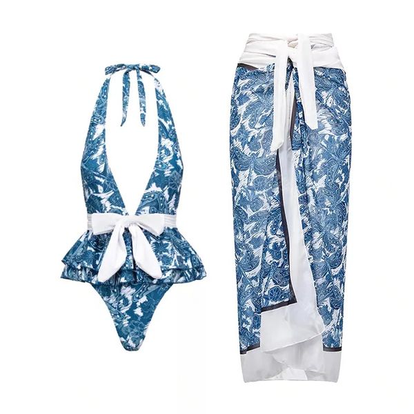 women falbala swimwear vintage blue swimsuit v neck beach clothing printed vacation female long dress, White;black
women falbala swimwear vintage blue swimsuit v neck beach clothing printed vacation female long dress, White;black