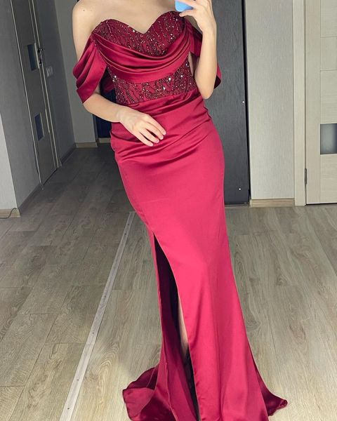 2023 satin burgundy evening dress for women off shoulder high side slit sleeveless sweetheart long slim fit fairy party gowns vestido, Black;red
2023 satin burgundy evening dress for women off shoulder high side slit sleeveless sweetheart long slim fit fairy party gowns vestido, Black;red