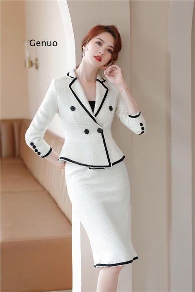two piece dress autumn winter formal women business suits with skirt and jackets coat fabric ol styles professional blazers 230331, White 
two piece dress autumn winter formal women business suits with skirt and jackets coat fabric ol styles professional blazers 230331, White