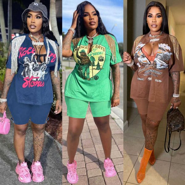 women's summer new print hip hop street split tassel short sleeve t-shirt shorts set, White
women's summer new print hip hop street split tassel short sleeve t-shirt shorts set, White