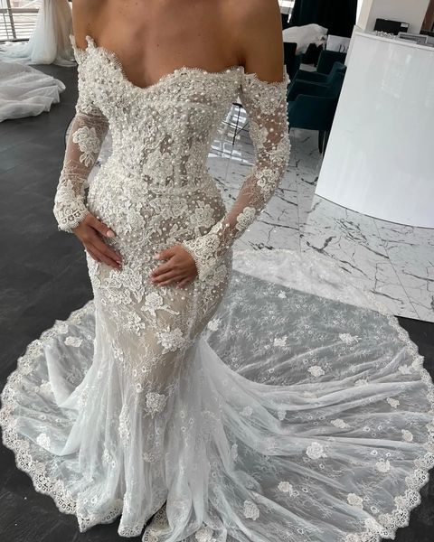 bohemian lace mermaid wedding dresses off the shoulder long sleeves corset bridal gowns appliques pearls beaded country vestido de novia 202, White
bohemian lace mermaid wedding dresses off the shoulder long sleeves corset bridal gowns appliques pearls beaded country vestido de novia 202, White