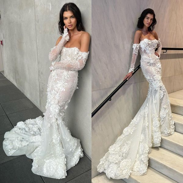 long sleeves mermaid wedding dresses for bride 3d-floral appliques lace wedding dress button back bridal gowns, White
long sleeves mermaid wedding dresses for bride 3d-floral appliques lace wedding dress button back bridal gowns, White
