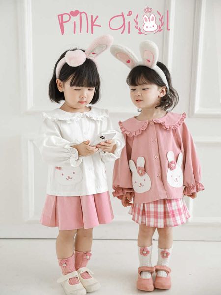 girls' autumn girly style shirt contrast color navy lapel three-dimensional cute bunny ears baby skirt suit p230331, White 
girls' autumn girly style shirt contrast color navy lapel three-dimensional cute bunny ears baby skirt suit p230331, White