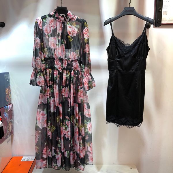 lace mock neck dress two piece set fragmented flower waist waist slim pressed pleated large swing dress, Black;gray
lace mock neck dress two piece set fragmented flower waist waist slim pressed pleated large swing dress, Black;gray