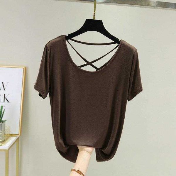 modal cotton ice shirt silk mask short sleeved t female summer back cross thin, White
modal cotton ice shirt silk mask short sleeved t female summer back cross thin, White