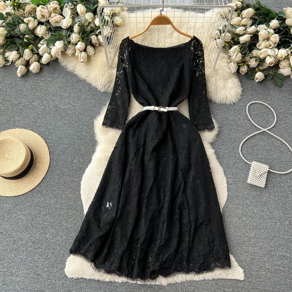 celebrity style premium feel off shoulder dress waist wrapped high end dress dress shows thin temperament medium sleeve black lace dress, Black;gray
celebrity style premium feel off shoulder dress waist wrapped high end dress dress shows thin temperament medium sleeve black lace dress, Black;gray