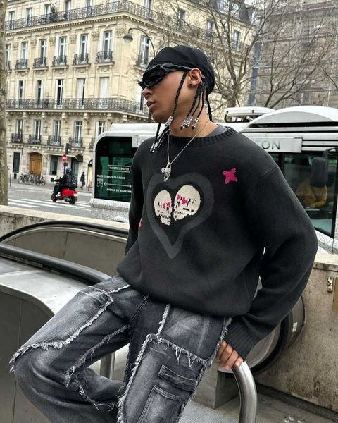 women's hoodies sweatshirts couple streetwear heart skull embroidered sweater women high elasticity knitting pullover y2k fashion loose, Black
women's hoodies sweatshirts couple streetwear heart skull embroidered sweater women high elasticity knitting pullover y2k fashion loose, Black