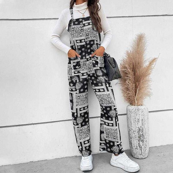 autumn retro womens printed wear jumpsuit brushed suspender pants for women, Black;white
autumn retro womens printed wear jumpsuit brushed suspender pants for women, Black;white