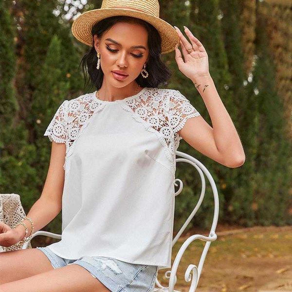 spring womens solid color pullover shirts round neck loose lace short sleeved, White
spring womens solid color pullover shirts round neck loose lace short sleeved, White