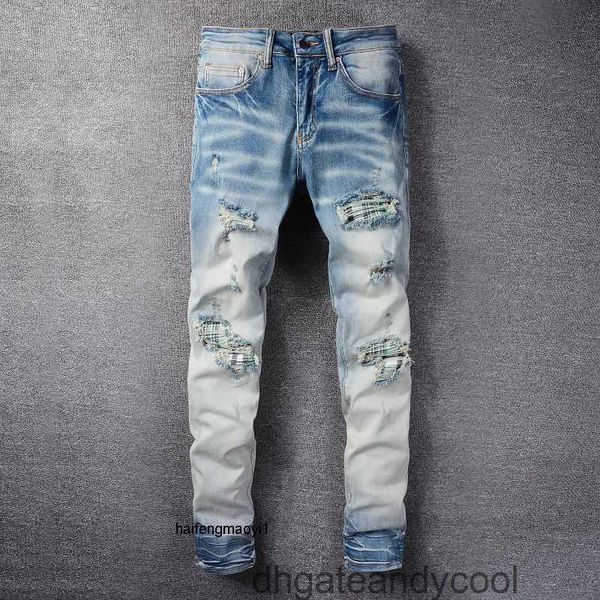washed amirs denim jeans color designer pants man light high street fashion brand plaid new patch torn jeans men's elastic slim pants r, Blue 
washed amirs denim jeans color designer pants man light high street fashion brand plaid new patch torn jeans men's elastic slim pants r, Blue