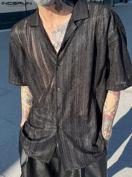 men's casual shirts incerun shirt mesh striped transparent lapel short sleeve camisas 2023 streetwear fashion clothing s 5xl 230428, White;black
men's casual shirts incerun shirt mesh striped transparent lapel short sleeve camisas 2023 streetwear fashion clothing s 5xl 230428, White;black