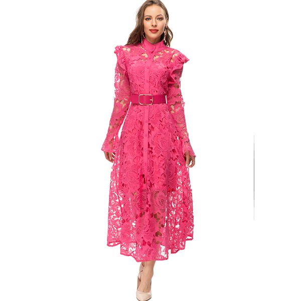 women's runway dresses stand collar long sleeves ruffles embroidery hollow out fashion designer casual vestidos, Black
women's runway dresses stand collar long sleeves ruffles embroidery hollow out fashion designer casual vestidos, Black