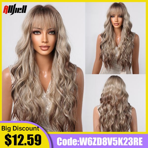 long curly blonde ombre synthetic wigs with bangs brown highlights water wavy hair cosplay wig for black women heat resistantfac
long curly blonde ombre synthetic wigs with bangs brown highlights water wavy hair cosplay wig for black women heat resistantfac