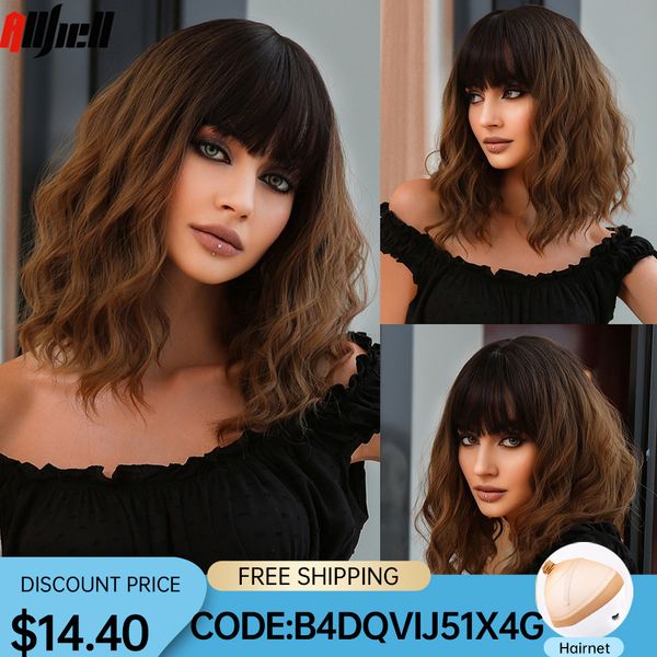 short synthetic wigs with bangs black to brown ombre medium length wavy wig natural hair for women daily cosplay heat resistantf
short synthetic wigs with bangs black to brown ombre medium length wavy wig natural hair for women daily cosplay heat resistantf