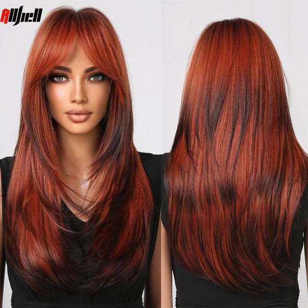 red brown cosplay long layered synthetic wig with bangs brown highlight straight hair copper ginger for women wig heat resistant, Black
red brown cosplay long layered synthetic wig with bangs brown highlight straight hair copper ginger for women wig heat resistant, Black
