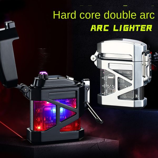 Image of Metal USB Plasma Dual Arc Outdoor Camping Lighter Rechargeable Waterproof Electronic Lighter Pulse Cross Thunder Ligthers Gift