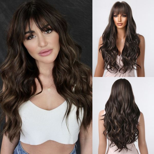 dark brown highlights golden long synthetic wigs with bangs for black women body wavy party wig hair heat resistant wedding usef
dark brown highlights golden long synthetic wigs with bangs for black women body wavy party wig hair heat resistant wedding usef