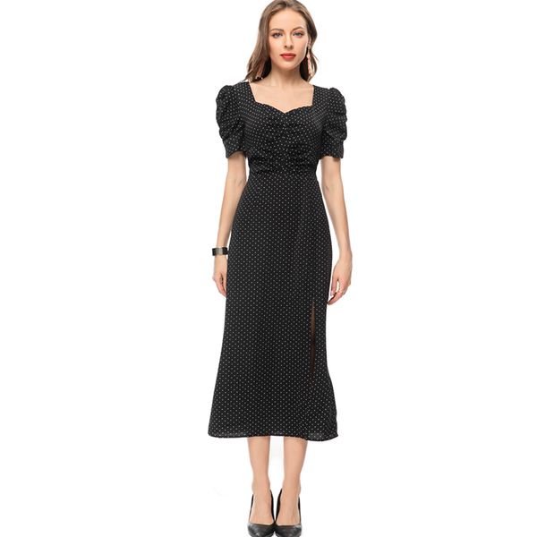 women's runway dresses square neckline short sleeves polka dots printed split fashion casual vestidos, Black
women's runway dresses square neckline short sleeves polka dots printed split fashion casual vestidos, Black