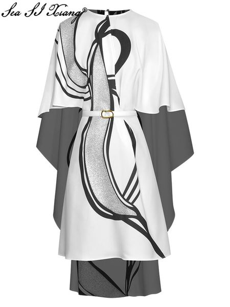 dresses seasixiang fashion designer autumn dress women oneck cloak sleeves belt geometric print casual dresses, Black;gray
dresses seasixiang fashion designer autumn dress women oneck cloak sleeves belt geometric print casual dresses, Black;gray