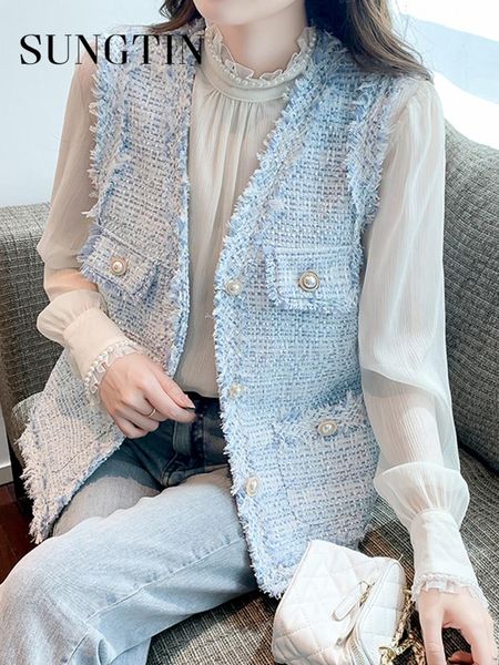 leather sungtin 2023 autumn winter classic tweed vest for women vintage sleeveless jacket korean fashion casual blue white clothes mujer, Black
leather sungtin 2023 autumn winter classic tweed vest for women vintage sleeveless jacket korean fashion casual blue white clothes mujer, Black