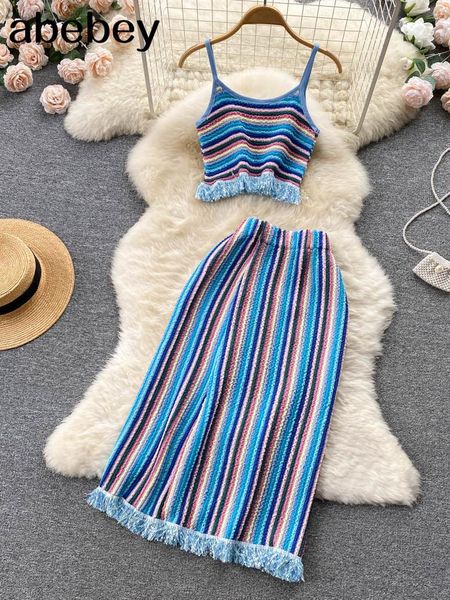 dress striped knitted set women tassel summer 2022 strap short elastic waist a line long skirt fashion two piece suits, White
dress striped knitted set women tassel summer 2022 strap short elastic waist a line long skirt fashion two piece suits, White