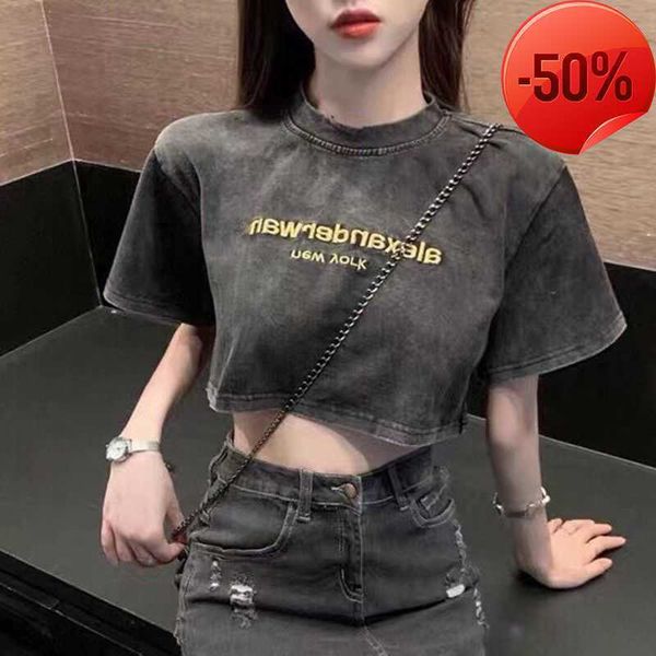 t shirt for women alexander aw gold thread embroidery letter high waist exposed umbilical short sleeve t-shirt thtv, White
t shirt for women alexander aw gold thread embroidery letter high waist exposed umbilical short sleeve t-shirt thtv, White