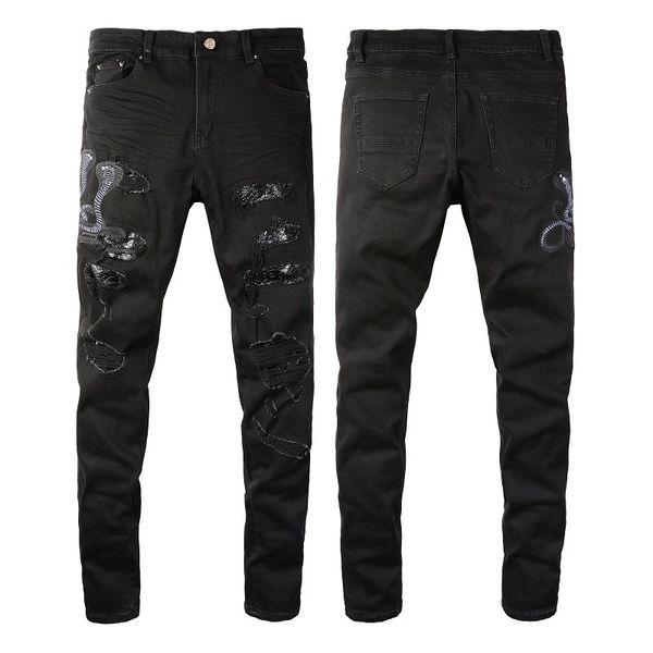 

Usa Youth Amiryes Embroidered Zipper Hole Patch Jean Man Elastic Slim Fit Washed, Black