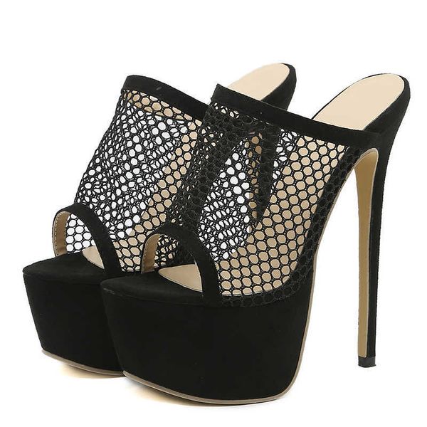 slippers new peep toe platform heels black mesh slippers summer sandals fashion slip on slides women mule party stripper shoes 230406