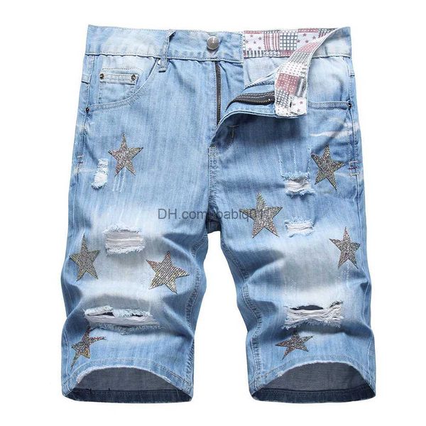 men's shorts men summer crystal patch denim shorts holes ripped slim straight jeans knee length light blue breeches t230502, White;black
men's shorts men summer crystal patch denim shorts holes ripped slim straight jeans knee length light blue breeches t230502, White;black