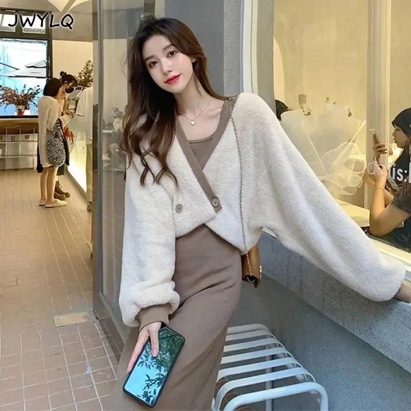 dress korean vneck hit color single button coat women+sling dress two piece set women autumn streetwear solid color dress long sleeve, White
dress korean vneck hit color single button coat women+sling dress two piece set women autumn streetwear solid color dress long sleeve, White