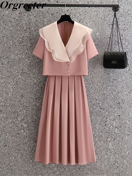 two piece dress sweet ruffles collar short jacket blouse pleated long skirt suits female elegant lady summer two piece set women outfits 230, White
two piece dress sweet ruffles collar short jacket blouse pleated long skirt suits female elegant lady summer two piece set women outfits 230, White
