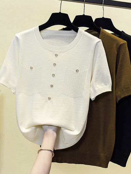women's t-shirt summer women sweater pullover short sleeve o neck button solid basic knitting thin t-shirt large size sueters de mujer, White
women's t-shirt summer women sweater pullover short sleeve o neck button solid basic knitting thin t-shirt large size sueters de mujer, White