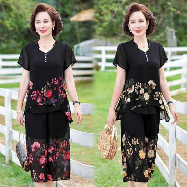 dress elegant floral middleaged womens summer suits short sleeve chiffon tshirt wideleg pants 2 pcs sets 5xl, White
dress elegant floral middleaged womens summer suits short sleeve chiffon tshirt wideleg pants 2 pcs sets 5xl, White