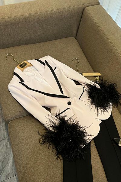 pants fashion spring fall color block edge coat stylish feather cuff single button women slim cutting blazer, White
pants fashion spring fall color block edge coat stylish feather cuff single button women slim cutting blazer, White