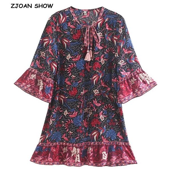 dresses 2019 women blue red flower crane print short dress holiday v neck tassel stream 3/4 sleeve ruffles hem dresses vestido, Black;gray
dresses 2019 women blue red flower crane print short dress holiday v neck tassel stream 3/4 sleeve ruffles hem dresses vestido, Black;gray