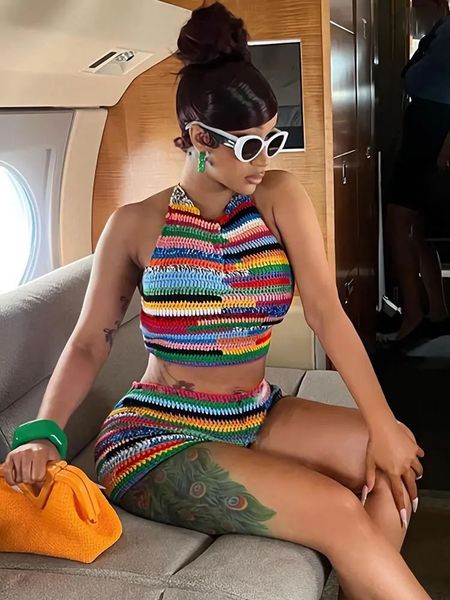 colorful print 2 piece set women beach vacation outfits halter backless lace up crop and shorts matching sets, Gray
colorful print 2 piece set women beach vacation outfits halter backless lace up crop and shorts matching sets, Gray