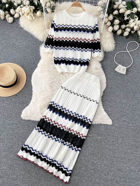 two piece dress autumn striped hit color hollow out knitted two piece set women's pullover high waist midi skirts elegant suits 230503, White
two piece dress autumn striped hit color hollow out knitted two piece set women's pullover high waist midi skirts elegant suits 230503, White