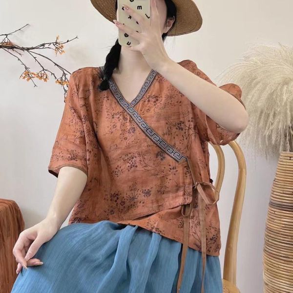 shirts vintage print floral tshirts and women v neck ramie summer tees short sleeve chinese style loose slanted placket shirts, White
shirts vintage print floral tshirts and women v neck ramie summer tees short sleeve chinese style loose slanted placket shirts, White