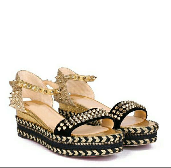 summer sandal wedge flats reds sole sandals spiked shoes madmonica 60mm espadrilles suede calf leather ankle strap with box, Black
summer sandal wedge flats reds sole sandals spiked shoes madmonica 60mm espadrilles suede calf leather ankle strap with box, Black