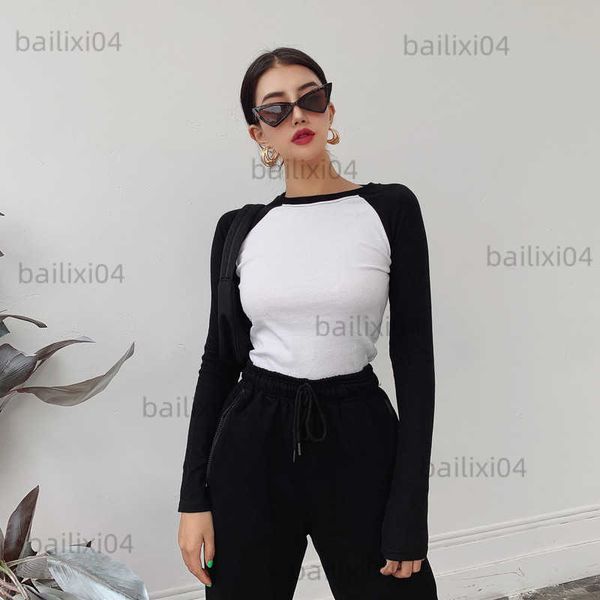 women's t-shirt women sleeve patckwork o neck ribbed long sleeve cropped tee tshirt t230503, White
women's t-shirt women sleeve patckwork o neck ribbed long sleeve cropped tee tshirt t230503, White