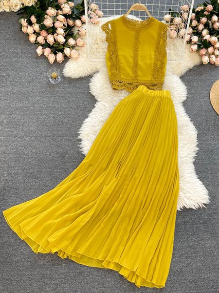 two piece dress women's summer suit korean style solid color round neck lace igh waist pleated skirt two-piece suit female sets de457 2, White
two piece dress women's summer suit korean style solid color round neck lace igh waist pleated skirt two-piece suit female sets de457 2, White
