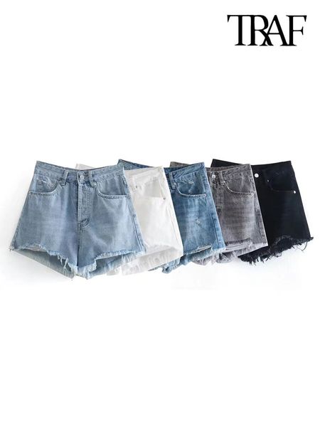 women's shorts traf women fashion with pockets frayed hem denim shorts vintage high waist button fly female short pants mujer 230503, White;black
women's shorts traf women fashion with pockets frayed hem denim shorts vintage high waist button fly female short pants mujer 230503, White;black