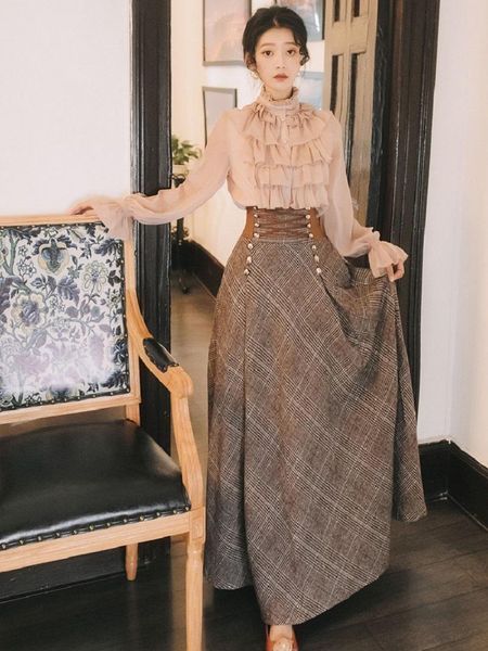 dress vintage palace women long lantern sleeve ruffle blouse+england plaid high waist bandage maxi skirt 2pcs women autumn skirt sets, White
dress vintage palace women long lantern sleeve ruffle blouse+england plaid high waist bandage maxi skirt 2pcs women autumn skirt sets, White