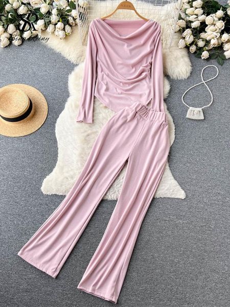 pants singreiny spring casual two pieces suits women long sleeve ruched irregular high waist wide leg pants sets solid tracksuits, White
pants singreiny spring casual two pieces suits women long sleeve ruched irregular high waist wide leg pants sets solid tracksuits, White